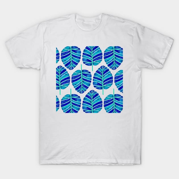 Blue Alocasia Pattern T-Shirt by CatCoq